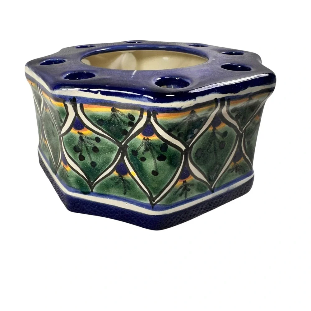 Mexican Talavera Pottery Flower Frog Octagon Ceramic Vase Hand Painted Blue